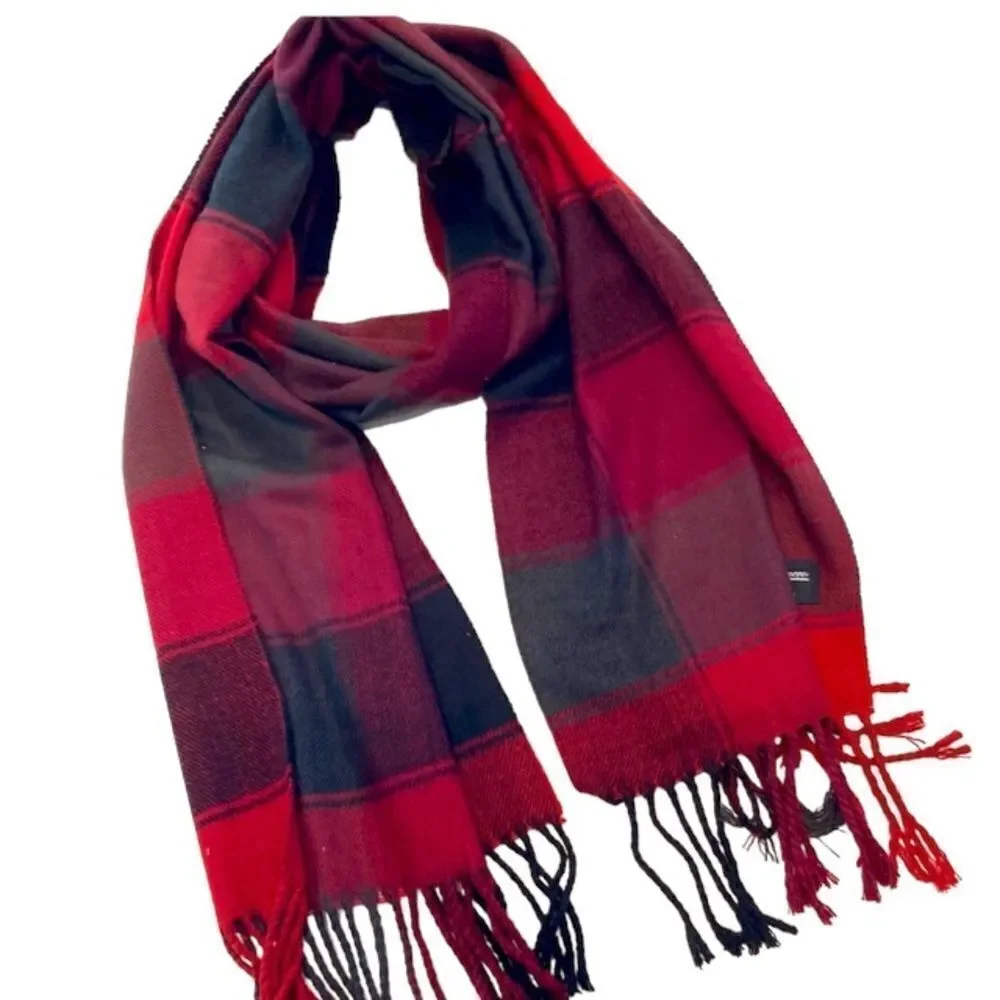Red and green plaid hundred percent cashmere scarf made in Scotland